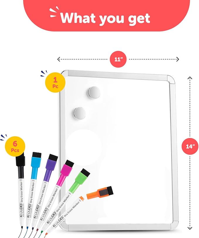 Kedudes Magnetic Dry Erase Board 11 x 14 inches - Board Dudes SRX Magnetic 6-Pack Dry Erase Markers, Assorted Colors - Small - (11x14 with 4 Note Magnets and Markers)