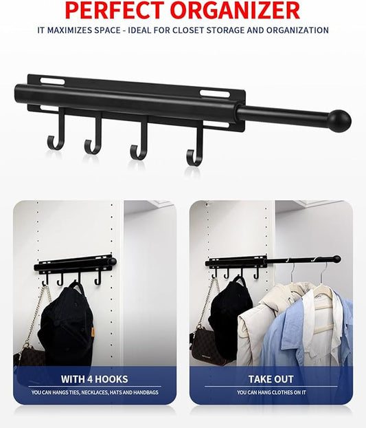 12 inch Valet Rod for Closets Pull Out Closet Valet Rod Slide Out Black Pull Out Clothes Hanger With 4 Hooks