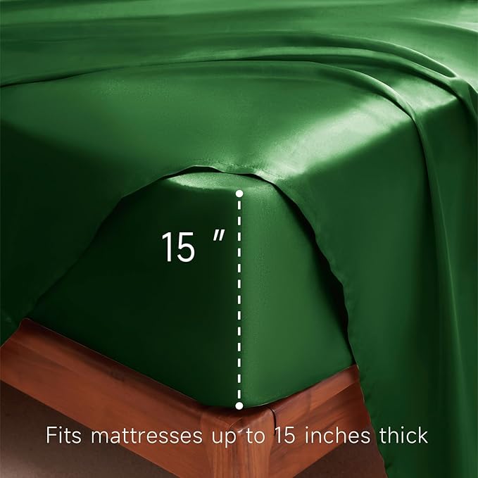 Satin Sheets Twin XL Size - 3 Pieces Luxury Silky Soft Bed Sheets, Wrinkle-Free Dark Green Satin Silk Sheet Set with 1 Deep Pocket Fitted Sheet, 1 Flat Sheet, 1 Pillow case