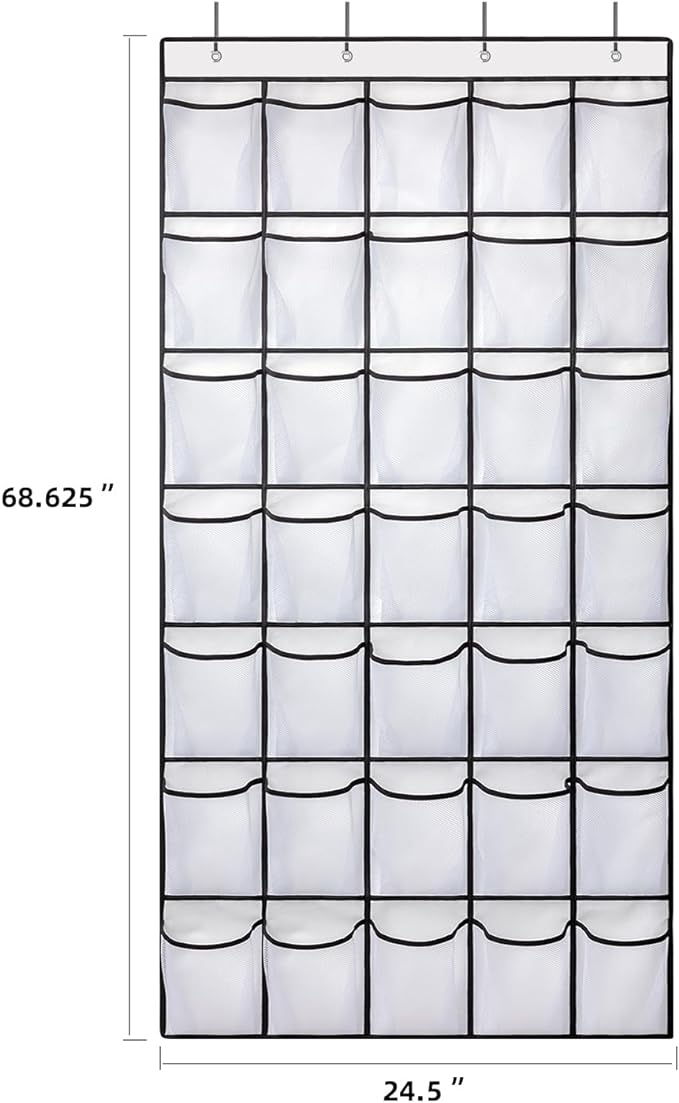 35 Pockets Over the Door Shoe Organizer, Hanging Shoe Organizer for Door with 35 Mesh Pockets Large Capacity Shoe Hanging Storage Bag with 4 Metal Hooks (White-1Pack)