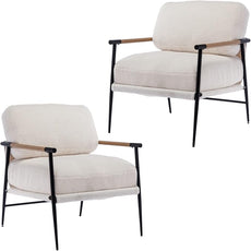 Mid-Century Accent Chair Set of 2, Soft Armchair Sherpa Fabric Lounge Chair with Black Metal Legs, Upholstered Leisure Chair for Living Room Bedroom Reception Room, White