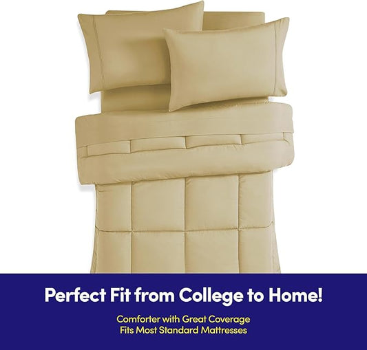 Dorm Room Essentials College Bedding Comforter Set 5 Piece Twin Size Bed in a Bag for College Students Boys and Girls, Twin, Camel