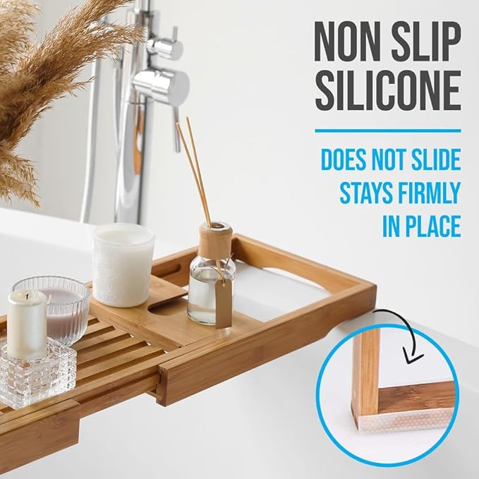 SereneLife Premium Bathtub Tray Caddy with Gift Box and Bow Set, Expandable Bath Tray, Unique House Warming Gifts for Mom, Women, Wedding, Anniversary, Bridal Shower, Fit for All Tub - Classic