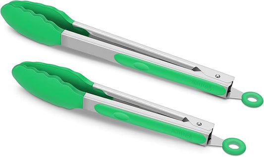 Set of 2 Kitchen Tongs, Premium Stainless Steel Locking 9-Inch & 12-Inch Silicone Grilling Barbeque Cooking Food Tong, Dark Green
