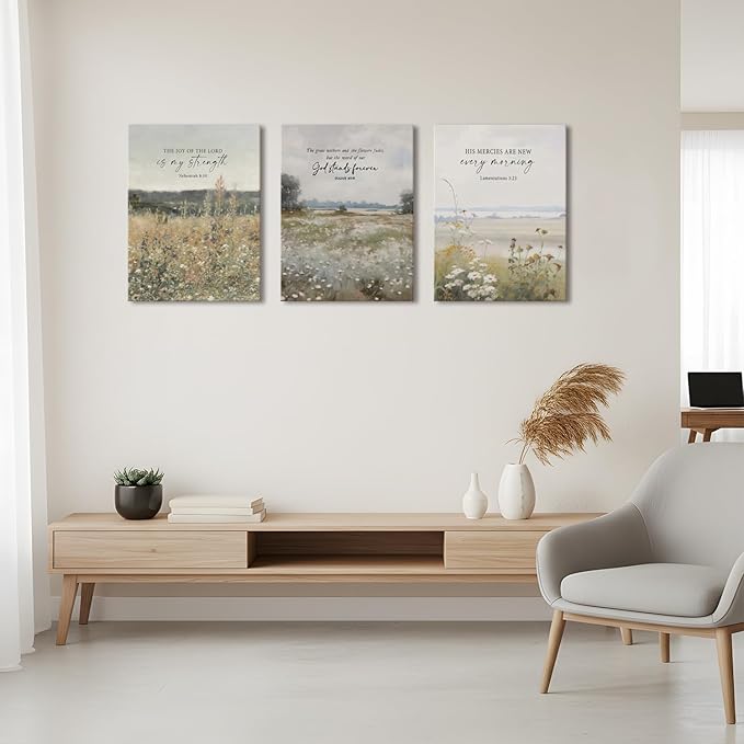 3Pcs Framed Bible Verse Wall Art Christian Floral Landscape Scripture Prints Decor Inspirational Religious Canvas Artwork Farmhouse Botanical Faith Quotes for Living Room Bedroom Church 12"x16"