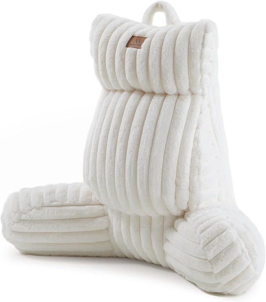 Amélie Home Faux Fur Reading Pillow with Pocket for Sitting in Bed, Adult Backrest Bed Pillow with Washable Cover for Lounging, Study & Relaxing, Ivory 29 inches