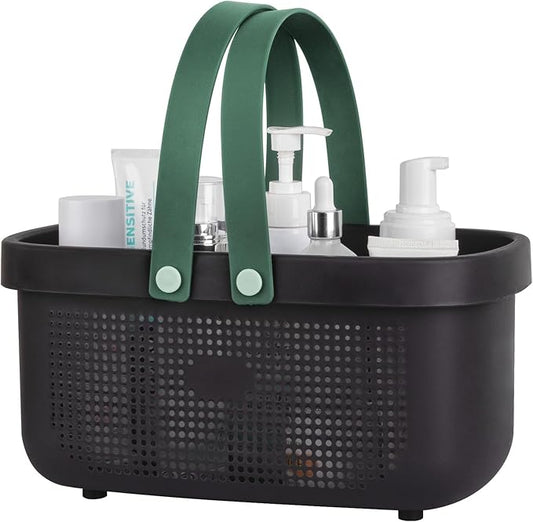 JiatuA Plastic Storage Basket with Handle Portable Shower Caddy Tote Organizer Basket Bin for Bathroom Kitchen Dorm Room Bedroom, Black Green