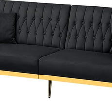 70” Velvet Futon Sofa Bed with 2 Pillows and Adjustable Armrests, Convertible Sleeper Bed W/Adjustable Backrests, Modern Loveseat for Living Room, Bedroom, Black