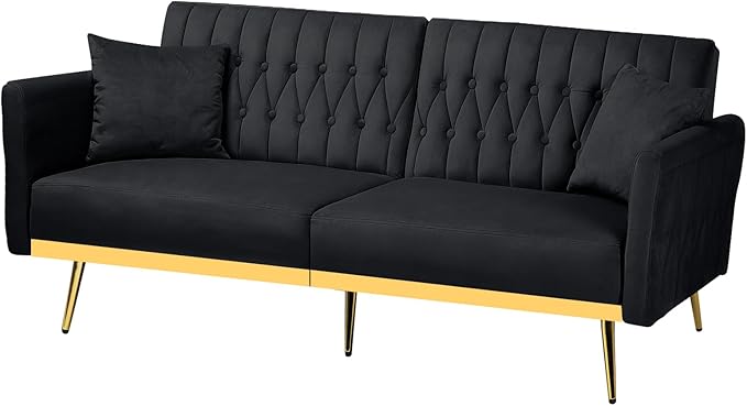 70” Velvet Futon Sofa Bed with 2 Pillows and Adjustable Armrests, Convertible Sleeper Bed W/Adjustable Backrests, Modern Loveseat for Living Room, Bedroom, Black