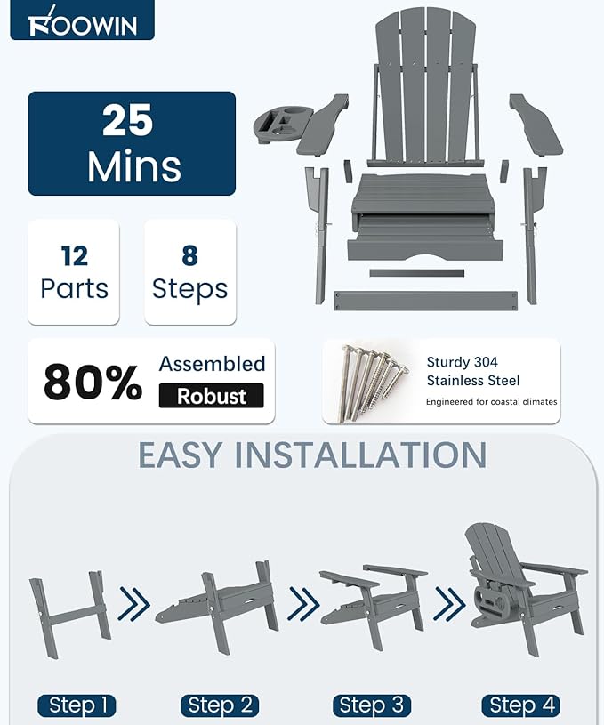 FOOWIN Folding Adjustable Adirondack Chair with Retractable Ottoman, HDPE Adirondack Chair w/4 in 1 Cup Holder Trays,All-Weather Resistant Fire Pit Chair for Outdoor Patio Lawn, Grey