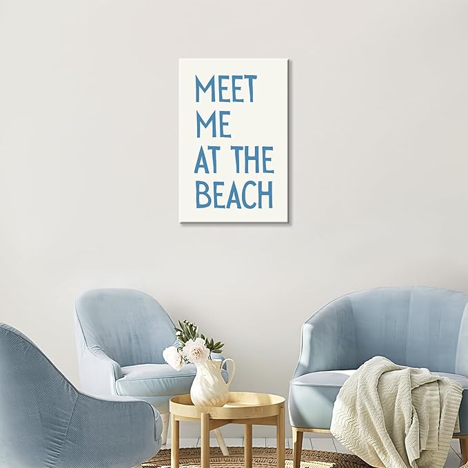 Trendy Meet Me At The Beach Posters Blue Coastal Cowgirl Wall Art Funky Summer Room Decor Vintage Beachy Canvas Prints Ocean Theme Aesthetic for Bathroom Dorm Apartment Bedroom 12x16in Framed