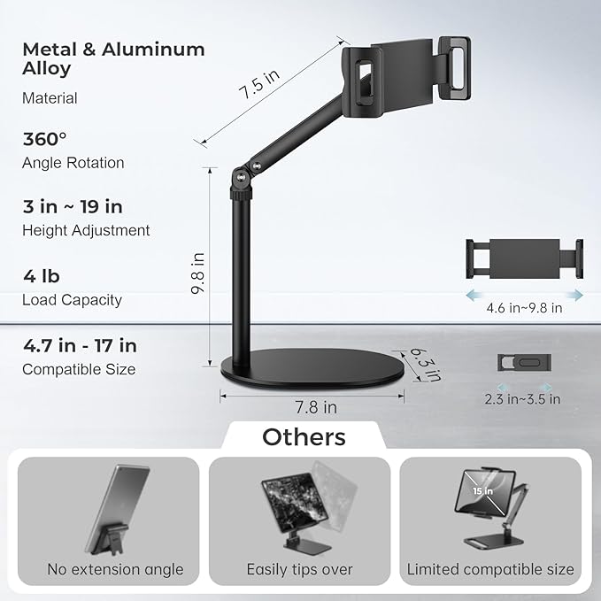 Tablet Stand for iPad, Adjustable Arm Mount Holder Desk with 360° Rotation, Portable Monitor Stand Compatible with iPad mini Air Pro, Kindle, Switch, Galaxy Tab, Phones