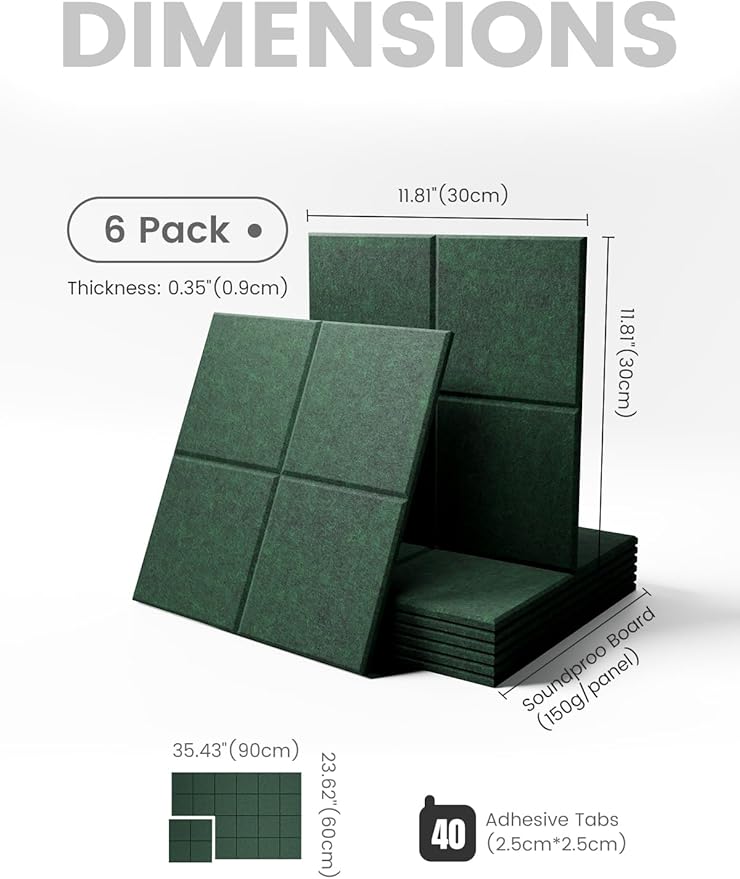 Large Felt Bulletin Board 36"x24", 6-Pack 4-Compartment Wall Organizer, Cork Board Alternative with 60 Removable Adhesive Tabs, Modular Felt Panels for Home Office, Classroom and Study-Pine Green