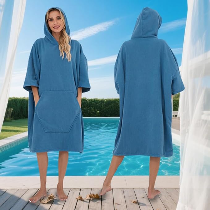Surf Poncho Hooded Beach Towel, Quick Dry Terry Cloth, Extra Large Changing Robe with Pockets for Adults, Unisex Peacock Blue Cover-Up for Swim, Bath, Beach, Gift for Swimmer Lovers