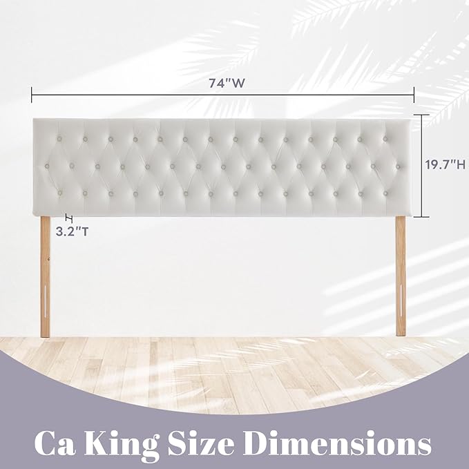 Kingfun Tufted Upholstered Cal King Headboard only in Modern Button Design, Adjustable Solid Wood Head Board, Premium Velvet Fabric Padded Headboards in Bedroom (White)