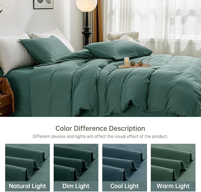 JELLYMONI Dark Green Bedding Duvet Cover Set - 100% Washed Cotton Linen Like Textured California King Comforter Cover, 3 Pieces Soft Bedding Set with Zipper Closure (Dark Green, Cal King 104"x98")