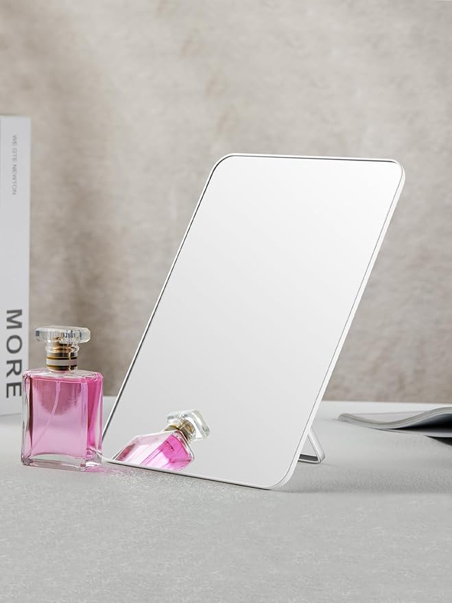OMIRO Makeup Mirror for Desk, 10 x 7 inches Table Mirror with Adjustable Stand and Hanging Hole for Shaving and Travelling, White