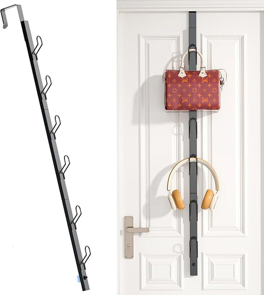 Over The Door Hooks Long with 6 Hooks, Behind The Door Towel Racks for Bathroom, Door Purse Bag Coat Robe Hanger, Hat Clothes Hanging Organizer with Non-Slip Pads & Suction Cups, 28.3 Inches, Black