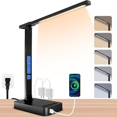 Smart Desk Lamp with Dual USB Charging (Type-C/USB-A) & 2 AC Outlets, Digital Clock, Temperature Display, 5 Color Modes, 5 Brightness, Adjustable - for Office, Bedroom, Dorm Room, Study