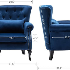 Mid-Century Accent Chair Modern Button Tufted Armchair Wingback Club Chair Velvet Single Sofa Lounge Chair with Pillow for Living Room Bedroom, Blue