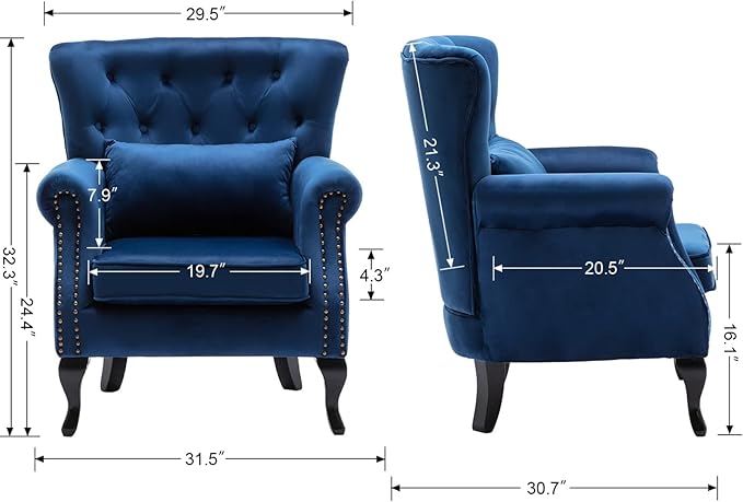 Mid-Century Accent Chair Modern Button Tufted Armchair Wingback Club Chair Velvet Single Sofa Lounge Chair with Pillow for Living Room Bedroom, Blue