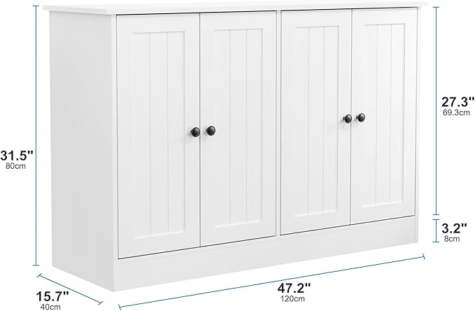 Sideboard Buffet Cabinet with 4 Doors, 47" W Kitchen Storage Cabinet with Storage, Modern Farmhouse Coffee Bar Station Wood Kitchen Table for Living Room Dining Room, White