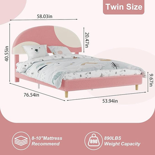 Garvee Full Bed Frame with Round Boucle Headboard, Upholstered Arch-Shaped Design in Soft Pink and White, Modern Kids Bed with Wooden Slats, No Box Spring Required and Easy Assembly