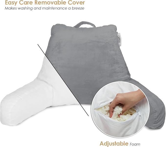 Nestl Reading Pillow with Shredded Memory Foam, Designed for Sitting Up in Bed and Couch, Back and Arms Adjustable Support for Adult & Teens Backrest Pillows for Reading, with Washable Cover Grey