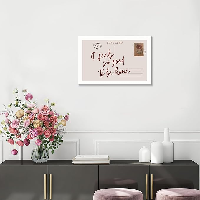 Retro Postcard Posters Neutral Feels So Good To Be Home Wall Art Trendy Pink Girly Room Decor Funky Quotes Canvas Prints Modern Stamp Sign Aesthetic for College Dorm Apartment Bedroom 16x24in Framed