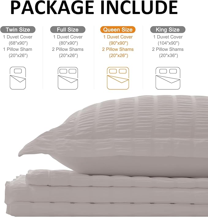 Cozyide Light Grey Duvet Cover Queen, 3 Pieces Bedding Duvet Covers, Soft Breathable Seersucker Duvet Cover Set with Zipper Closure and Corner Ties (1 Duvet Cover 90"x90" + 2 Pillow Shams 20"x26")