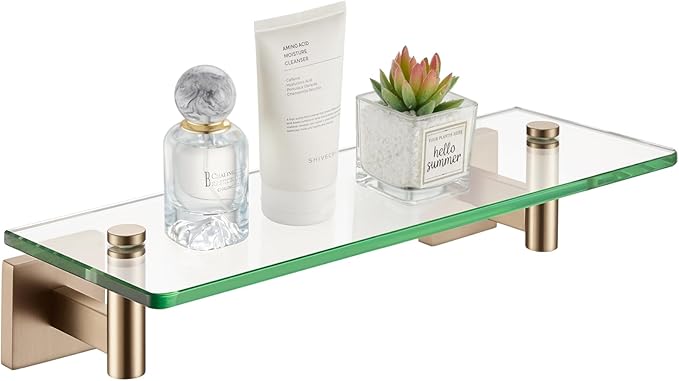 KOKOSIRI Wall Shelves Bathroom Hardware Glass Floating Shelf 12-Inch for Bedroom, Living Room, Kitchen, Hanging Rack Champagne Bronze B1105CPG-L12