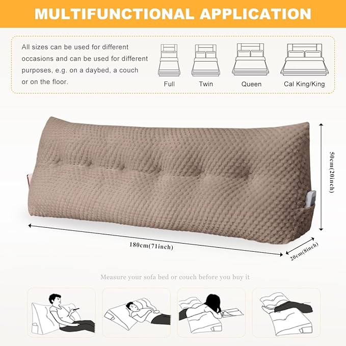 Large Triangular Headboard Wedge Pillow Soft and Supportive Headboard Backrest Positioning Support Bolster Cushion, Bed Wedge Pillow with Removable Cover(Brown,Cal King,71x8x20inch)