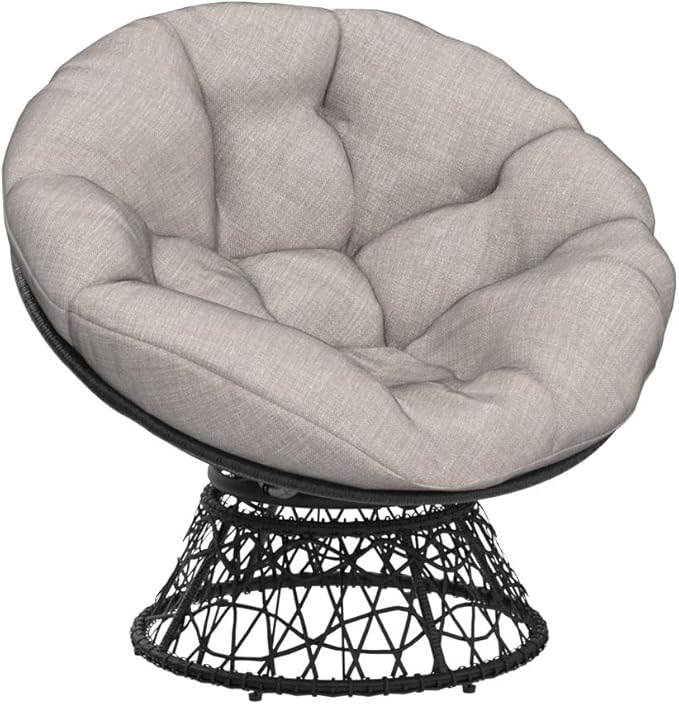Bme 40" Ergonomic Wicker Papasan Chair with Soft Thick Cushion & Frame, 360° Swivel Papasan Chair, Circle Chair, Reading Chair, Chair for Living Room, Bedroom, Silver Cloud - Black Frame