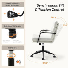 HULALA HOME Modern Faux Leather Home Office Chair with Tilt Lock & Metal Base, Desk Chair with Wheels & Padded Cushion, 360° Swivel Wide Seat Computer Task Chair, White