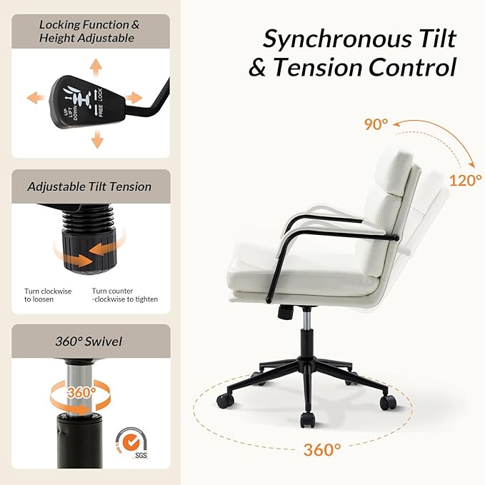 HULALA HOME Modern Faux Leather Home Office Chair with Tilt Lock & Metal Base, Desk Chair with Wheels & Padded Cushion, 360° Swivel Wide Seat Computer Task Chair, White