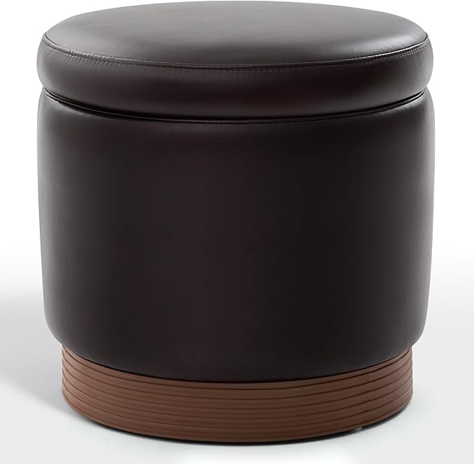 Round Storage Ottoman,Swivel Vanity Stool-Smooth Faux Leather Foot Rest,Footstool Pouf with Sturdy Acacia Wood Frame(500lbs),Small Coffee Table & Hidden Storage Ottoman for Living Room