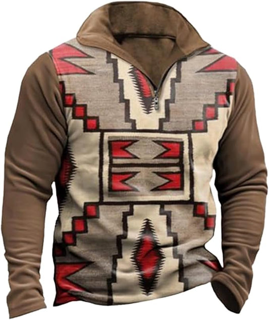 Western Sweatshirts for Men Aztec Cowboy Vintage Graphic Fleece Hoodie Mens Quarter Zip Pullover Country Jacket