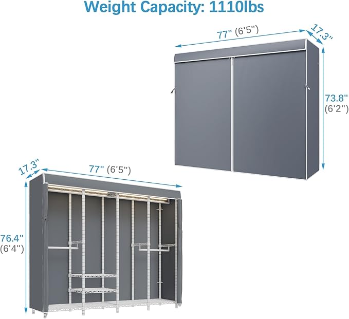 VIPEK V40LC Covered Clothes Rack with Dimmable LED Lights, Heavy Duty Garment Rack with Cover Portable Closet Wardrobe Clothing Racks for Hanging Clothes, White Closet Racks with Grey Oxford Cover
