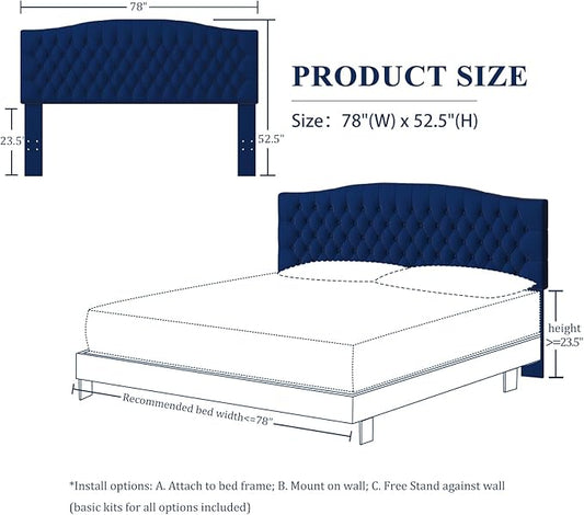 Velvet Upholstered Headboard King/Cal King Size Latest Model Wall Mount, Bed Frame Mount, Featuring High-Density Sponge Padding, Luxury Texture Easy Assembly Comfort and Style-Navy Blue