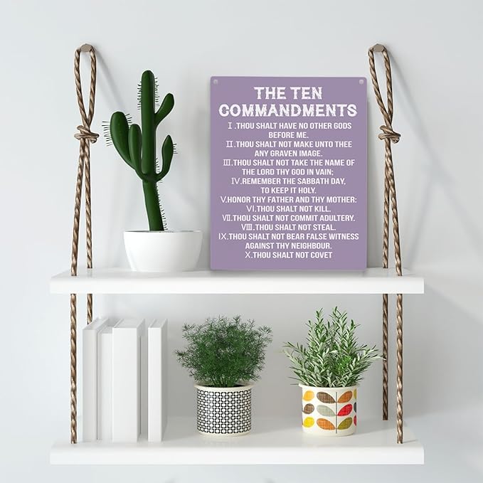 YCYD Ten Commandments Decor,10 Commandments Desk Poster, Christian Bible Verse Decor Religious Home Rustic Wooden Box Sign for Living Room Bedroom Office 10 x 8 Inches Purple