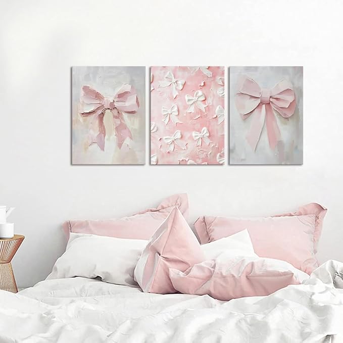 Pink Bow Canvas Wall Art Set of 3 Coquette Oil Painting Cute Bow Posters Wall Decor Trendy Preppy Print Picture for Back to School Bedroom Bathroom College Dorm 12x16 In Framed