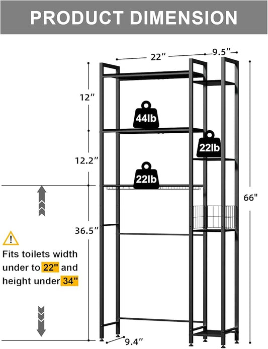 31.5" Wide Over The Toilet Storage, Solid Wood Over Toilet Bathroom Organizer with Paper Holder, Hooks, Side Shelf, 7-Tier Metal Over Toilet Shelves Rack for Laundry, Dorm Room, Balcony, Black