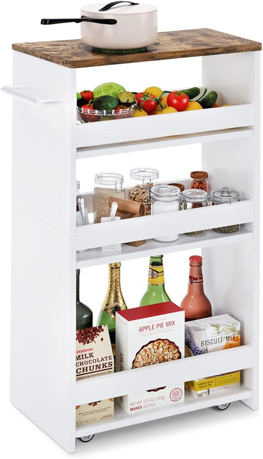 TEAMIX 4 Tier White Slim Storage Cart with Handle, 7.9''W Slide Out Storage Rolling Utility Cart Mobile Shelving Unit Organizer Trolley for Small Spaces Kitchen Laundry Narrow Places