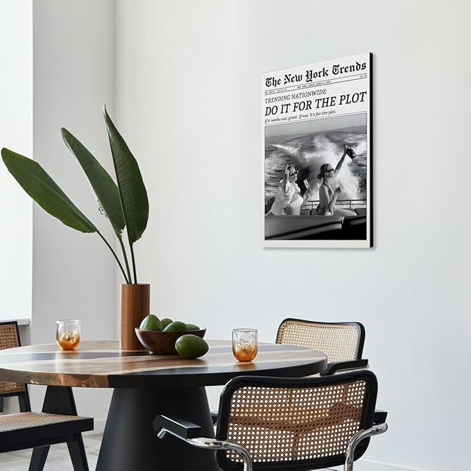 Retro New York Trends Wall Art Black and White Newspaper Poster Do It for The Plot Canvas Prints Funky Feminist Posters Trendy College Wall Decor for Bar Cart Hot Girl Dorm Room Decorative 24x36inch Framed