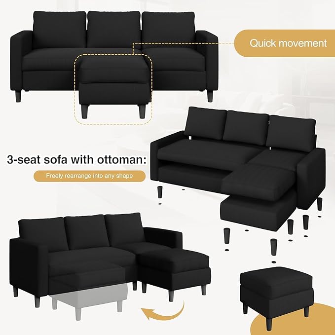 JAMFLY 3-Seat Convertible L-Shaped Sectional Sofa with Reversible Ottoman, Upholstered Fabric Couch for Small Living Rooms, Modern Modular Couch for Apartment, Studio & Loft, Black