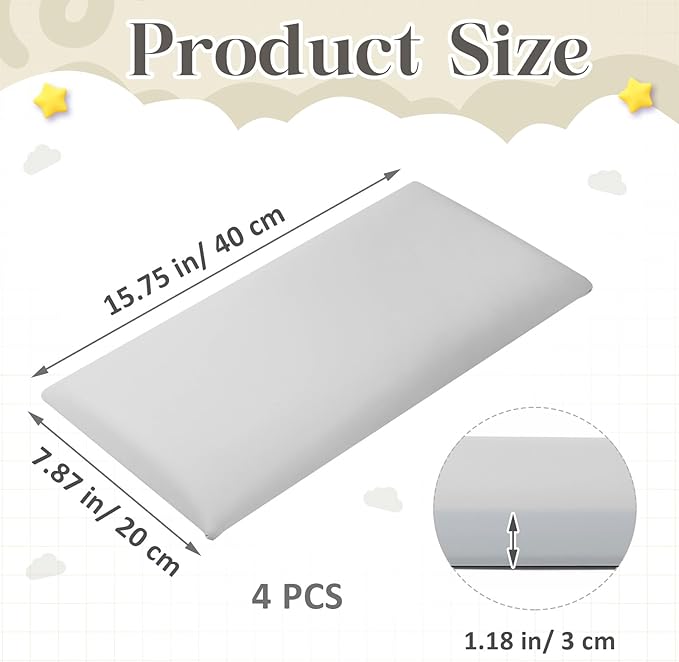 4 Pack Wall Padding for Playroom Peel and Stick Headboard 15.75" x 7.87" x 1.18" 3D Anti Collision Upholstered Wall Panels Self Adhesive Headboard Panel for Protection (Light Gray)