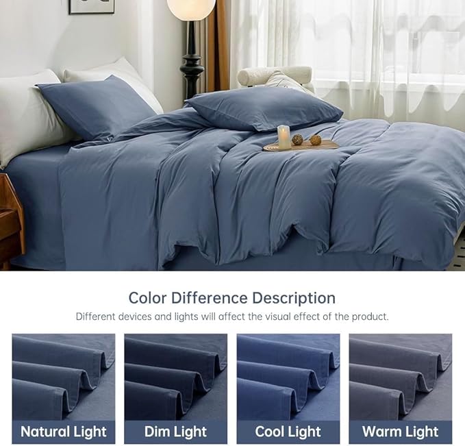 JELLYMONI Blue Duvet Cover Full Size - 100% Washed Cotton Linen Like Textured Comforter Cover, 3 Pieces Breathable Soft Bedding Set with Zipper Closure (Blue, Full 80"x90")