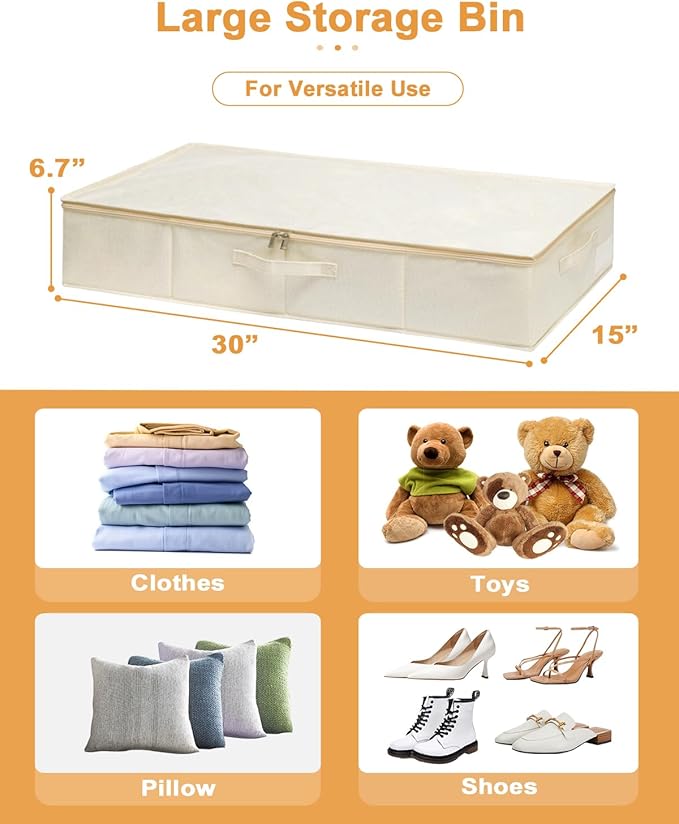 punemi Underbed Storage, 2 Pack Clothing Storage Bags W/Upgraded Handles, Large Capacity Underbed Shoe Container Organizer, Dorm Essentials Bins for Blanket, Pillows, Comforters & Quilts, Beige