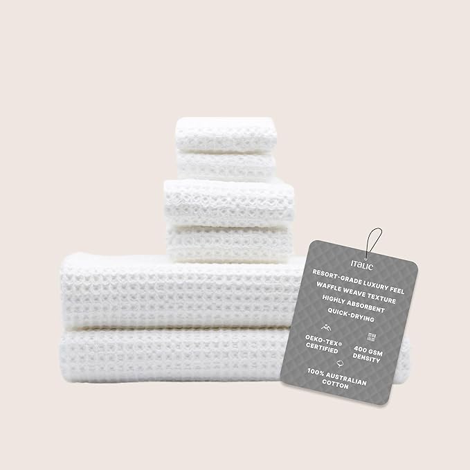 Italic Sedona Luxe Waffle Towel Set, 410 GSM 6-Piece 100% Cotton Set with 2 Bath Sheets, 2 Hand Towels & 2 Washcloths, Spa-Quality, White