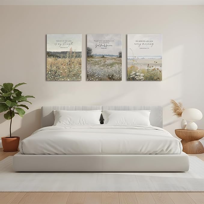 3Pcs Framed Bible Verse Wall Art Christian Floral Landscape Scripture Prints Decor Inspirational Religious Canvas Artwork Farmhouse Botanical Faith Quotes for Living Room Bedroom Church 12"x16"